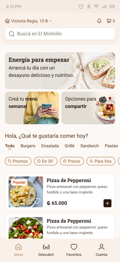El Molinillo home screen with the weekly menu planning prompt
