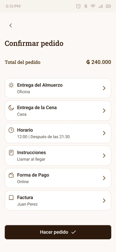 El Molinillo checkout screen with delivery details, schedule, and payment method