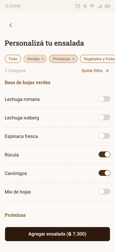 El Molinillo salad customization screen with multiple dietary filters applied simultaneously