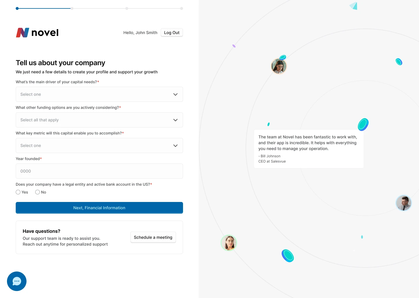 Novel Capital onboarding after redesign, a company profile step with simpler questions, visible support access, and a testimonial panel.