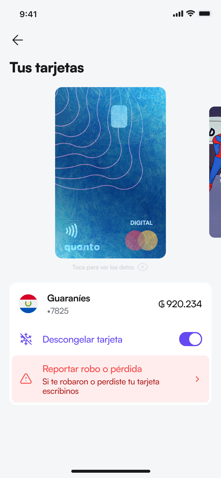 Quanto unfreeze card screen with options to temporarily lock or unlock a debit card